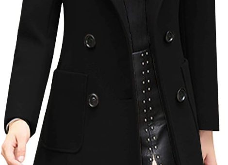 Women Elegant Notched Collar Double Breasted Wool Blend Over Coat